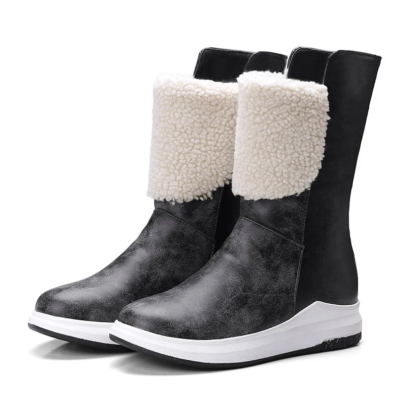 FITWEE Warm Women Mid Calf Boots Winter Outdoor Comfortable Flats Shoes Leisure Daily Women Fur Footwear Size 33-43