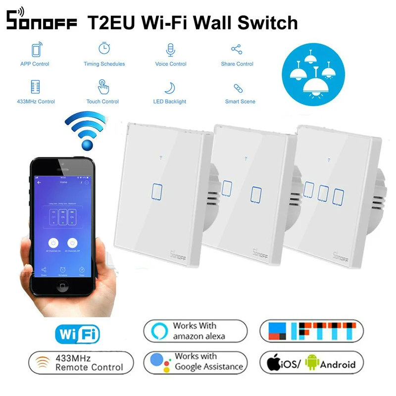 

Sonoff New T2EU 120 Size 1/2/3 gang TX Series 433Mhz RF Remoted Controlled Smart Wifi Switch Works With Alexa Google Home IFTTT