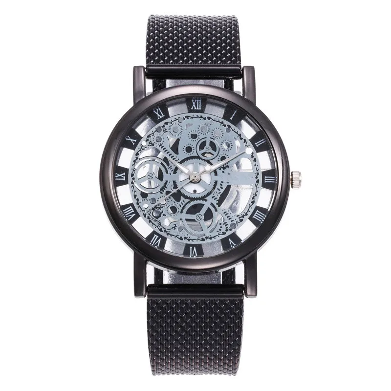 Модные полые Кварцевые часы роскошные серебряные и золотые стальные часы для мужчин и женщин унисекс Hombre кварцевые наручные часы Часы Ретро Relogio - Цвет: Black