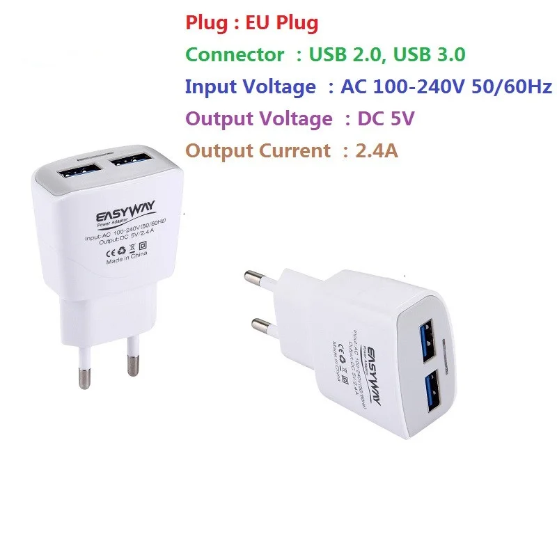 Штепсельная Вилка европейского стандарта 5В 2.4A 2USB на выходе адаптер зарядного