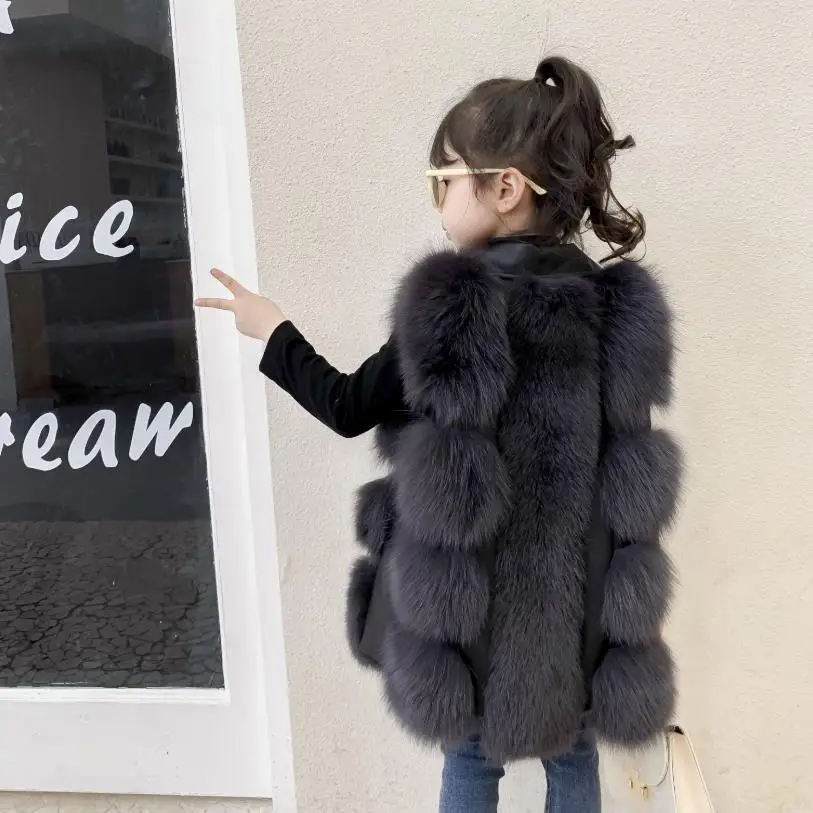 US $113.24 Luxury Children Fur Coat Winter Real Natural Fox Fur Waistcoat PU Stitching Warm Fox Fur Vest Jackets For Girls Y3470