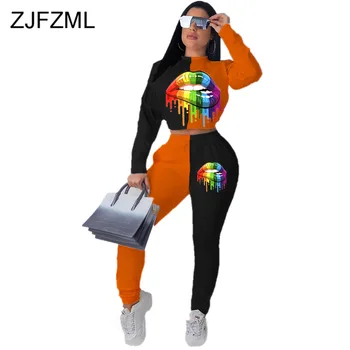 

Lips Print Penelled Two Piece Set Womens Outfits Mock Neck Full Sleeve Crop Top + Bodycon Long Pants Plus Size Causal Sweatsuit