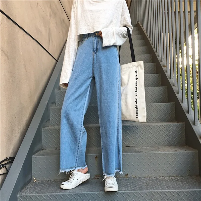 Джинсы женские синие простые однотонные на молнии Длинные женские s Высокая талия Свободные повседневные Ретро женские корейский стиль модные джинсовые брюки