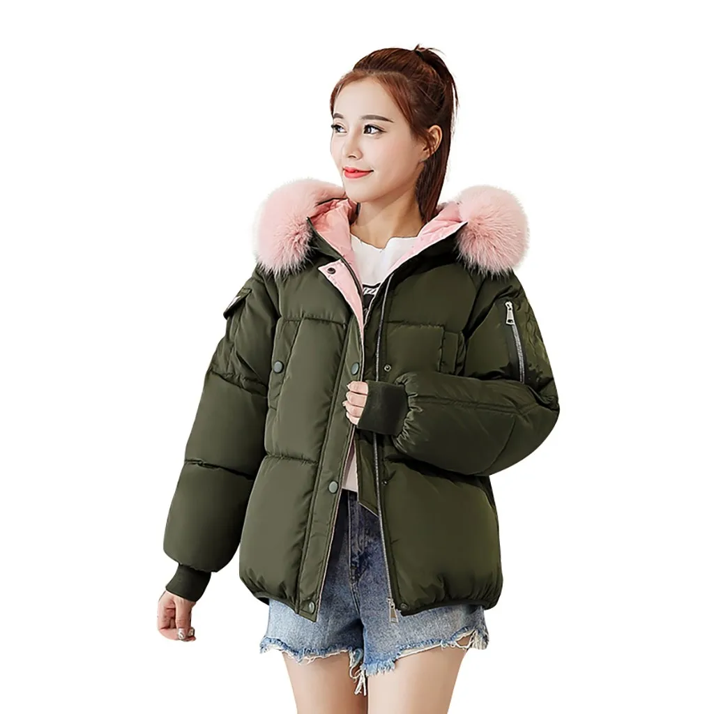 Женская зимняя короткая куртка с длинным рукавом, с капюшоном, на молнии, парки, пальто, женская Свободная парка с меховым воротником, куртки с хлопковой подкладкой#927 - Цвет: AG