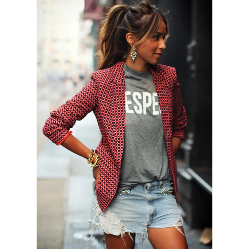 

AliExpress Ebay2018 Autumn Fashion Casual WOMEN'S Dress Red Plaid Long Sleeve Fold-down Collar Small Suit Coat Women's