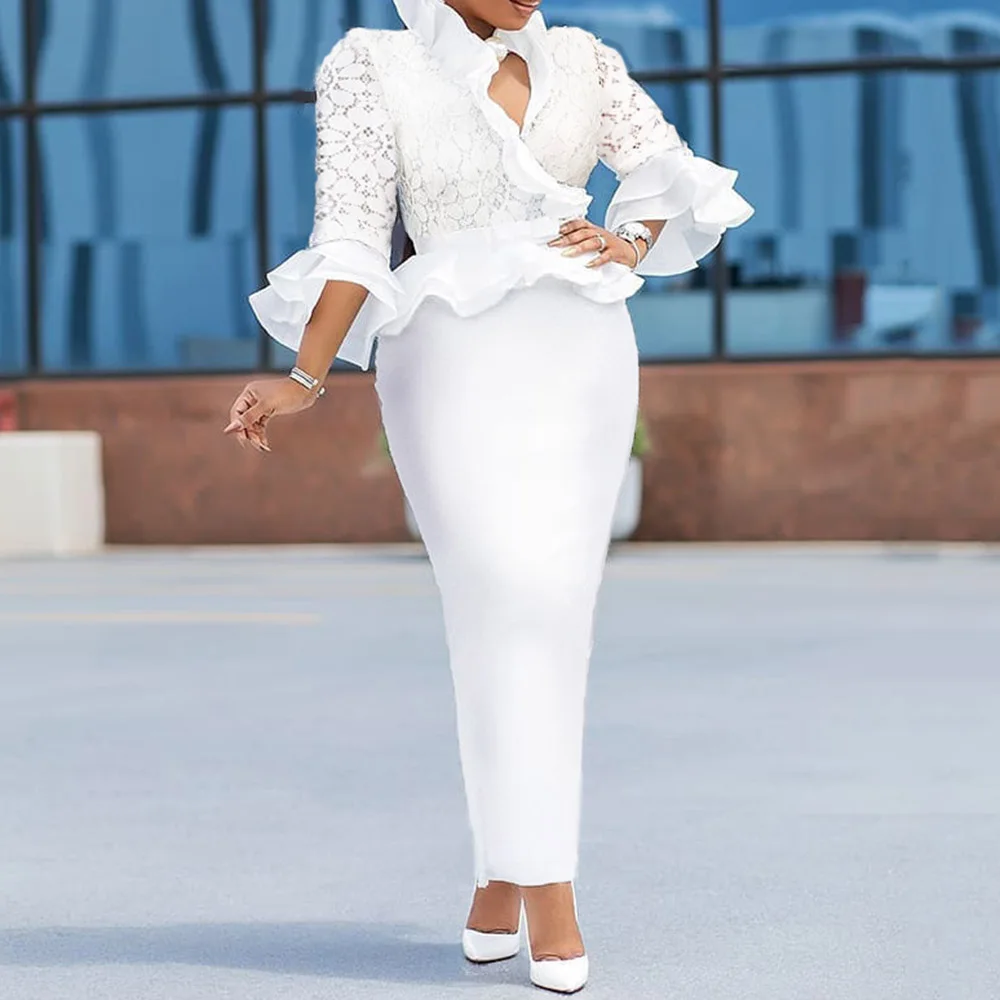 Элегантное кружевное птачворк гофрированное белое длинное платье бодикон Африканский стиль сексуальный v-образный вырез макси халат размера плюс вечерние женские вечерние платья