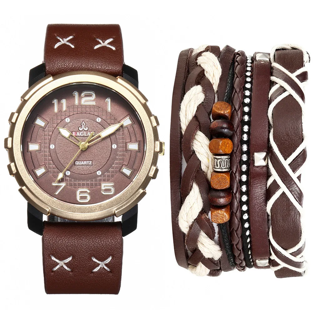

Men Fashion Simple Cool Leather Belt Quartz Watch + Bracelet Set Watches for Men--5pcs/set
