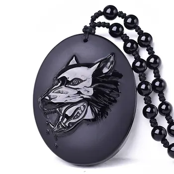 

LETSFUN Fine Jewelry Natural Genuine Obsidian Masterpiece Howling Wolf Head Amulet Necklace Pendant Free Shipping