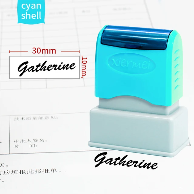 Custom Teacher Name Ink Stamp Signature Calligraphy Selfing-Inking Personalized Letter Stamp For School Student Child Cloths cyan shell