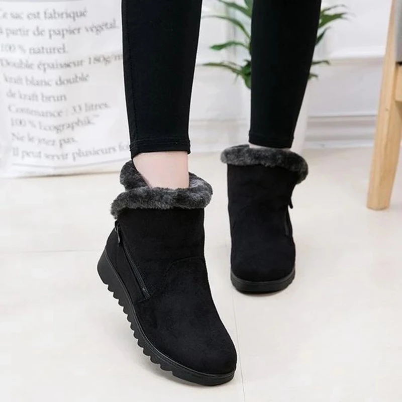 

MoneRffi Snow Boots Women Zip Winter Ladies Platform Warm Fur Suede Wedge Ankle Boot Female Comfort Casual Shoes Plus Size