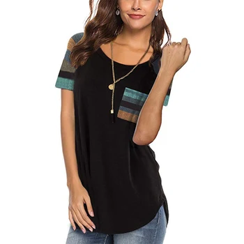

Women's Summer Fashion Round Neck Stripe Print Pocket Loose Top T-Shirt