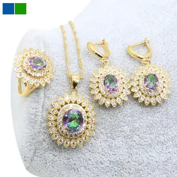 

18K Gold Color Bridal Jewelry Sets For Women Sapphire Emerald Ring Necklace Earrings Pendant Sets Gift Box