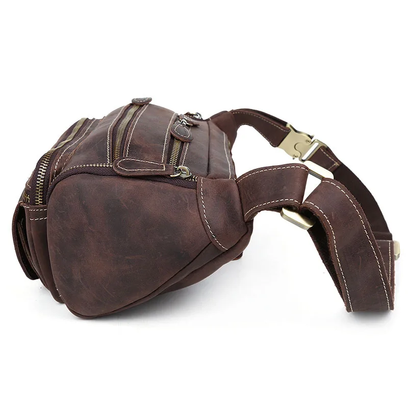 New Genuine Leather Waist Bag Men Crazy Horse Leather Waist Packs Brand Vintage Large Capacity Cycler Military Chest Bag