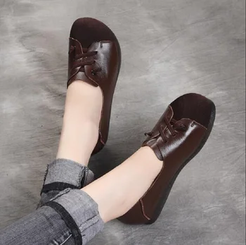 

New Autumn Women Shoes Flat Genuine Leather Plain toe Lace up Ladies Shoes Flats Woman Moccasins Female Footwear