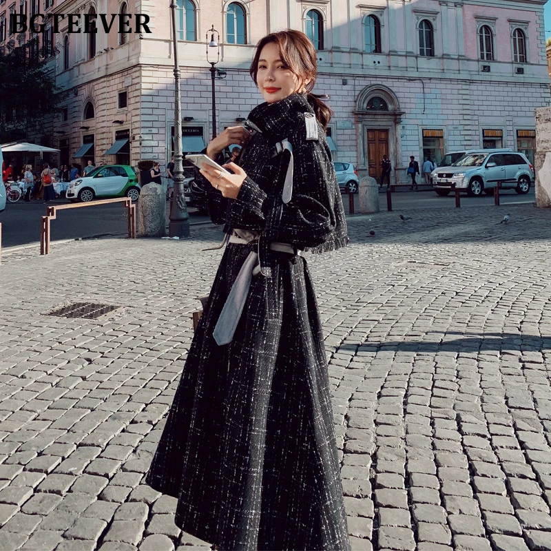 BGTEEVER, элегантное клетчатое шерстяное пальто, женское свободное однобортное пальто с поясом и карманами, женское длинное пальто, зимнее женское твидовое пальто - Цвет: black