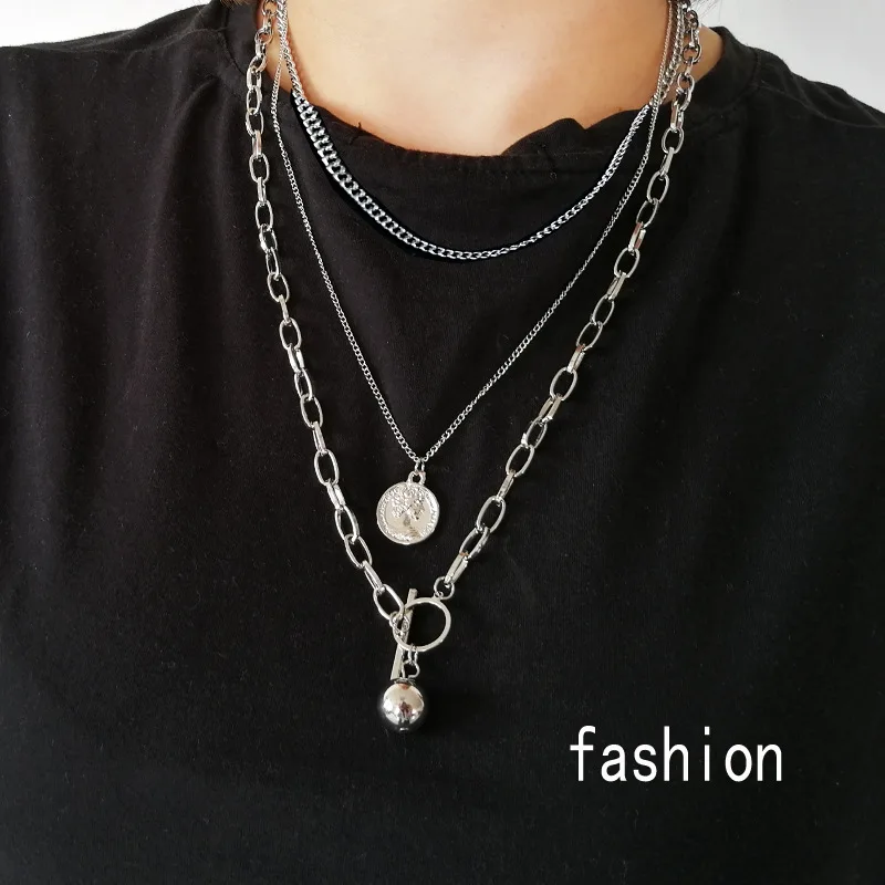 

2019 New Trendy Metal Ball Coin Pendant Multi-layer Punk Casual Design Long Chain Necklace For Women men Jewelry Gifts