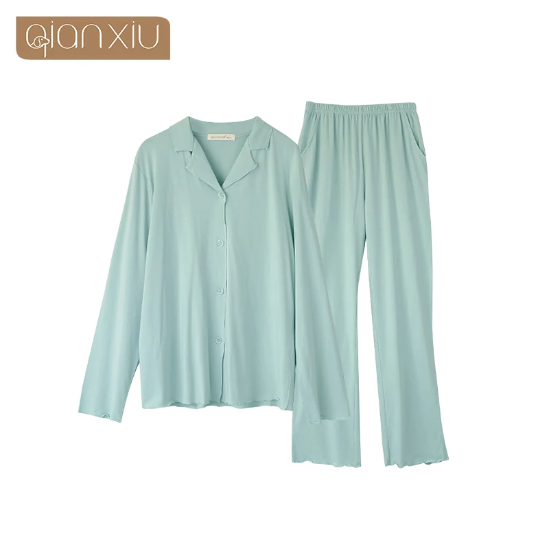 Autumn New Ladies'Cotton Open-lapel Long Sleeve Sleepwear Suit - Color: green