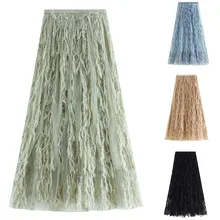 Женская длинная юбка с перьями, Повседневная однотонная Плотная юбка с кисточками, простая юбка феи с высокой талией, Faldas Mujer Moda T3