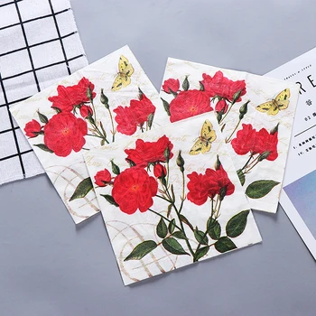 

10pcs Food-graded red rose flower Butterfly printed Napkin Paper Virgin Wood Tissue for wedding Party Decoration