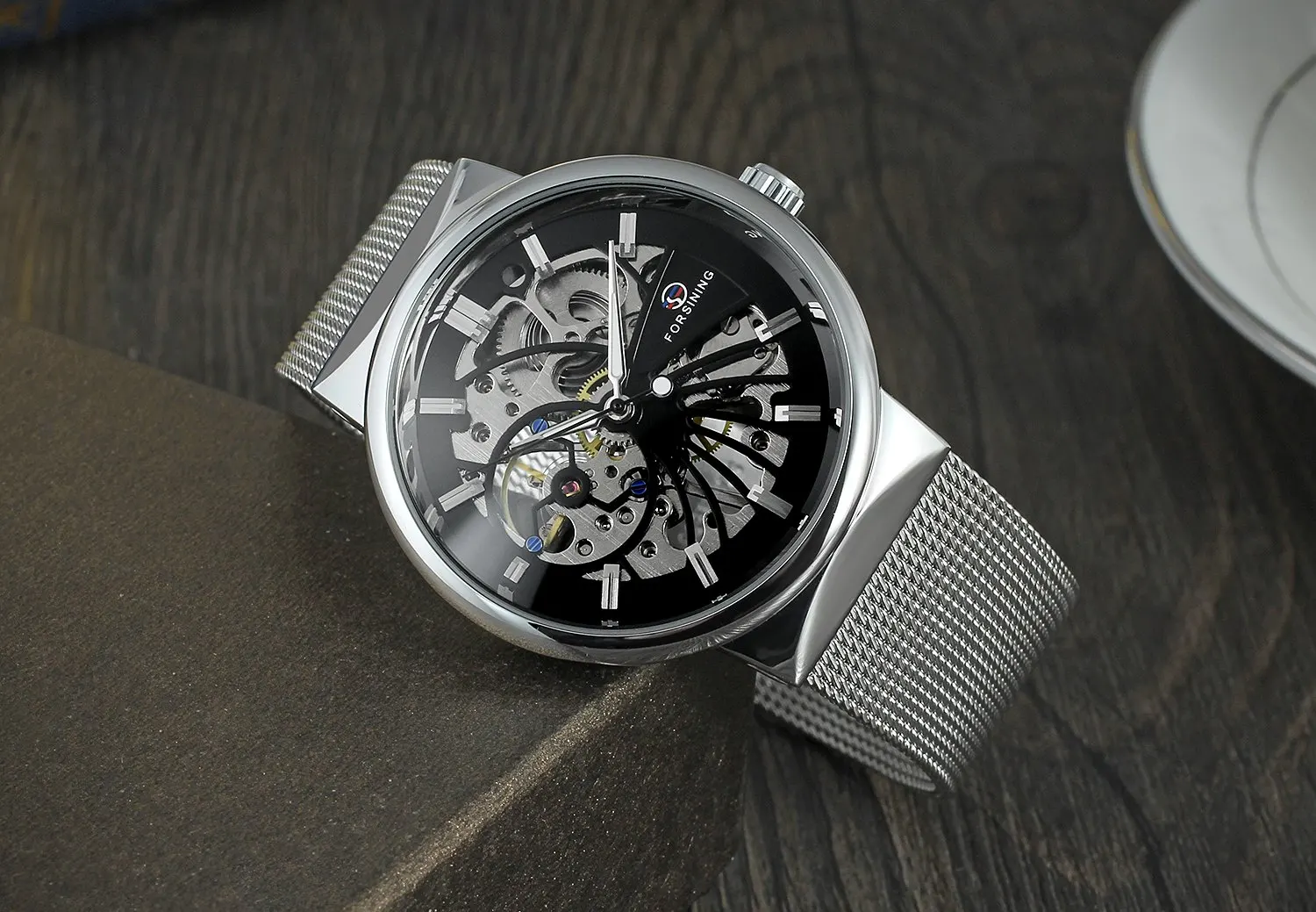 Reloj Hombre Forsining Лидирующий бренд роскошные серебряные часы для мужчин сетчатый ремешок 3D логотип дизайн Скелет циферблат ультра тонкие механические часы