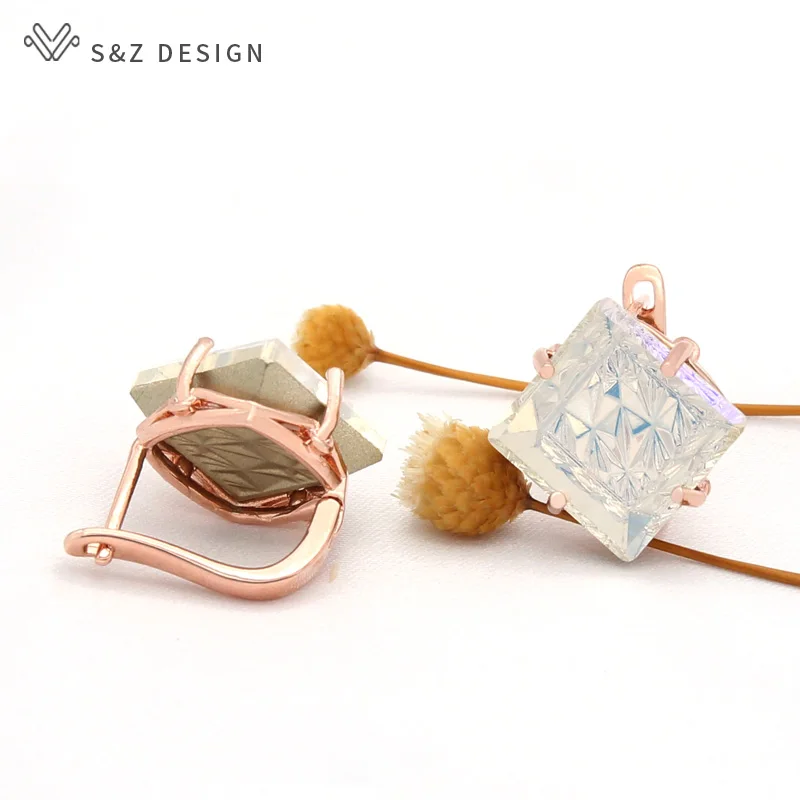 S&Z DESIGN New Fashion Big Square Crystal Dangle Earrings For Women Wedding Fine 585 Rose Gold Color Jewelry