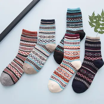 

5 Pairs Mens Vintage Faux Wool Knit Crew Socks Color Block Stripes Warm Hosiery