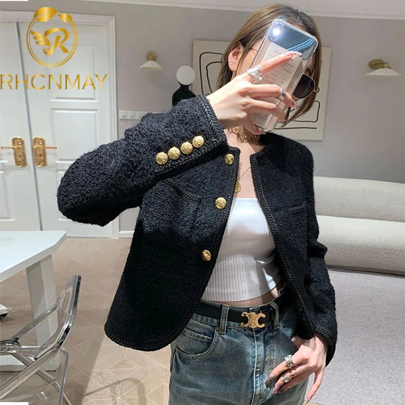 Limitado Hacer las tareas domésticas egipcio Chaquetas de alta calidad para mujer, abrigos elegantes de Tweed negro con  dos bolsillos y botones dorados, ropa de primavera y otoño|chaquetas  básicas| - AliExpress