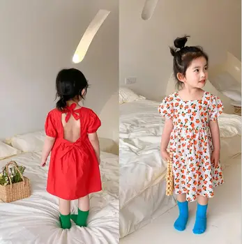 

2020 new girls printed dress summer backless cotton fashion girls dresses 1-7 years HV391