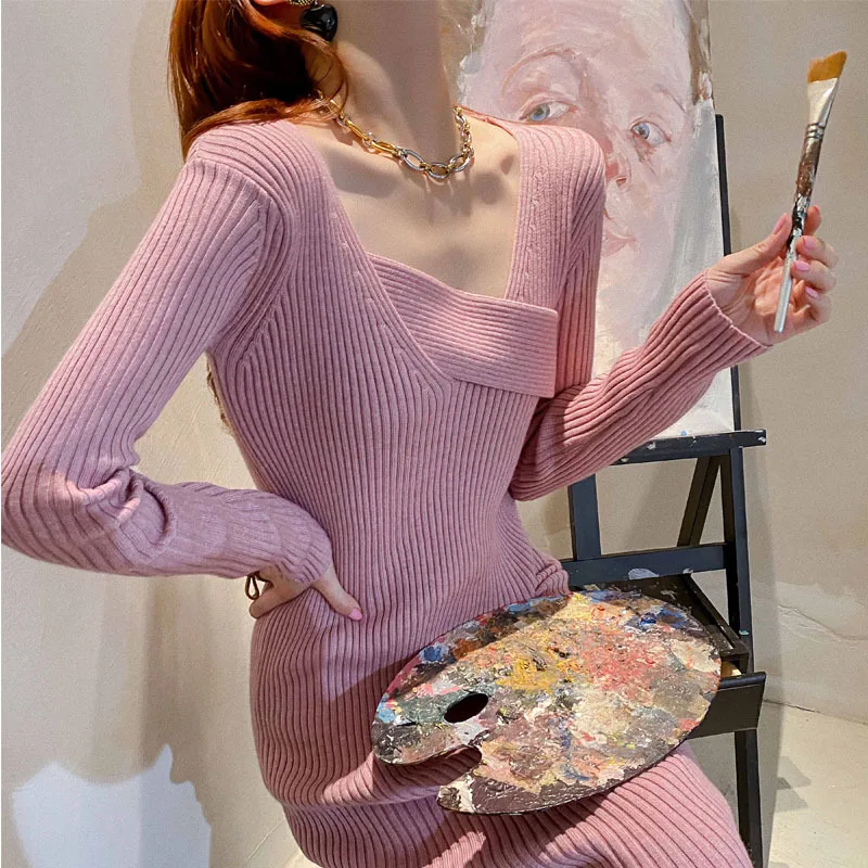 

Winter Women's Slim Fit V-Neck Casual Shirt Long Sleeve Pit Stripe Wool OL Commute Knitted Dress Autumn Dress Sweater