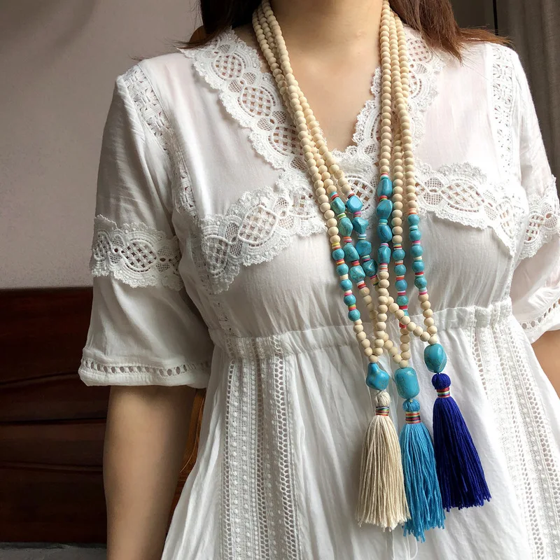 

style handmade geometric shaped pine stone string white wood bead necklace color tassel long wool dress chain woman
