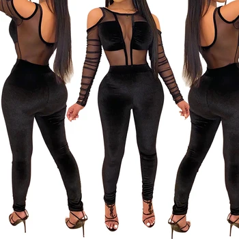 

Sexy Off Shoulder See Through Mesn Long Sleeve Bodysuits & High Waist Skinny Velvet Pants Set Women 2 Piece Set Outfits Clubwear