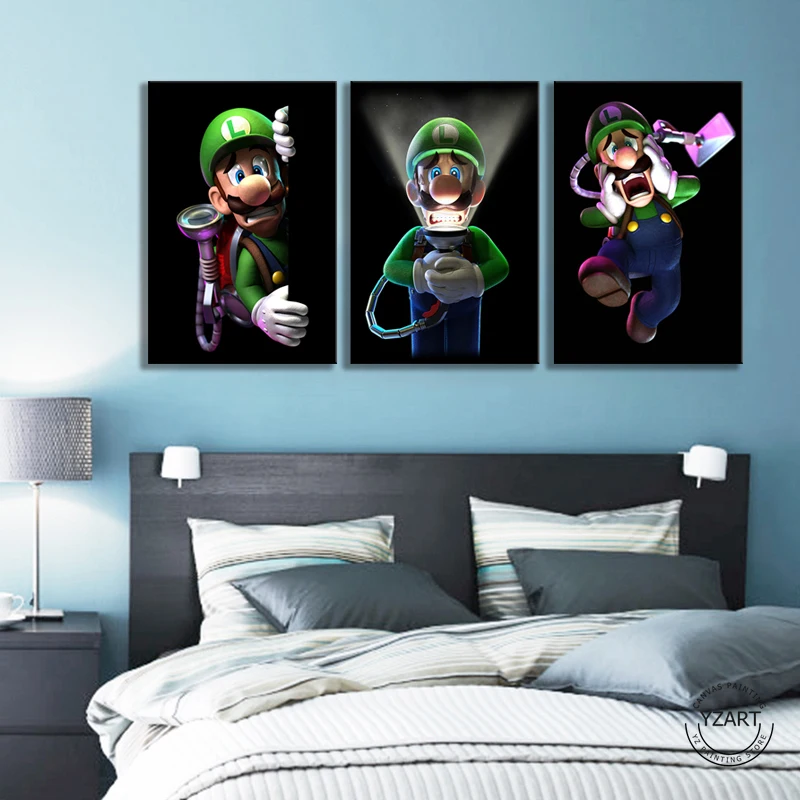 Günstige 3 Panels Mario Bros Luigis Cartoon Bilder Wand Gemälde Schlafzimmer Decor Luigis Herrenhaus 3 Video Spiele Kunst Wand Dekor Malerei