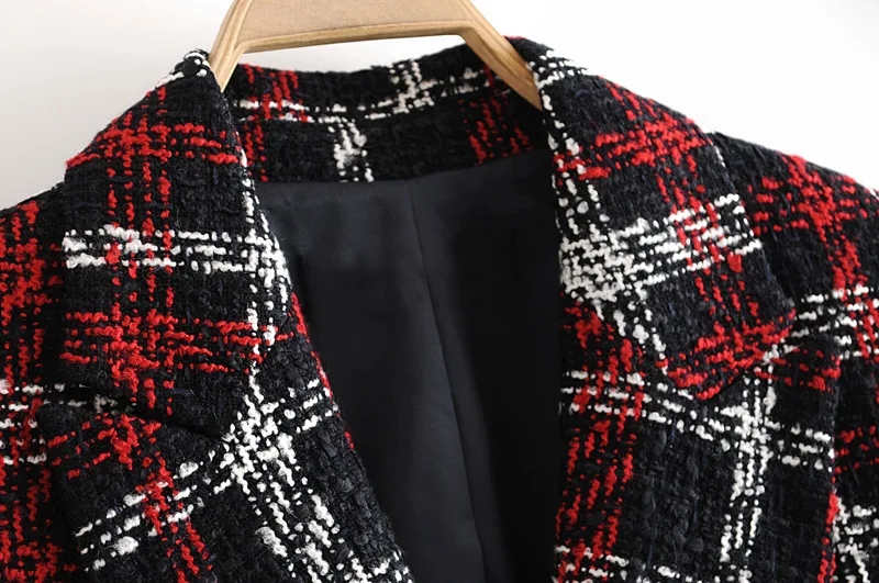 ZA, женский костюм, пальто, модный,, Осень-зима, красный, черный, в клетку, с открытыми плечами, пиджак, с отворотом, с длинным рукавом, повседневная куртка