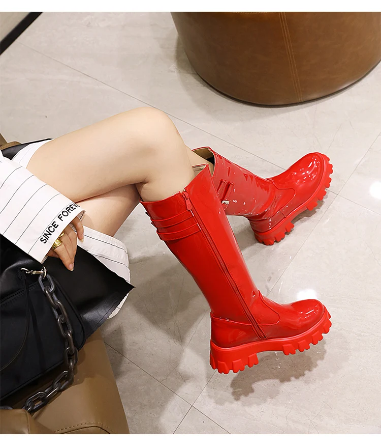 Double-Breasted Shiny Patent Leather Women's Knee-Length Boots Flat-Bottomed Platform With Plush Lining Long Boots 2022