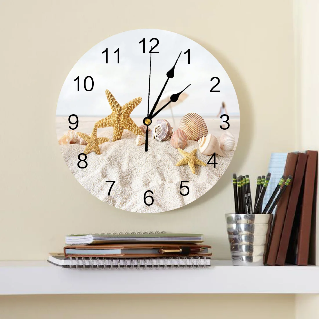 Морской пляж Морская звезда печатных ПВХ настенные часы современный дизайн домашний Декор Спальня бесшумные часы настенные часы для гостиной