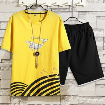 

WWKK 2020 Men's Summer Sets Shorts + Short Sleeve T shirt Men Beach Shorts Tee Male Tracksuits Elastic waist Shorts homme Print