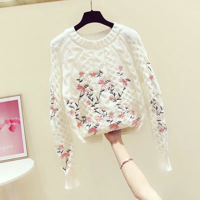 

2020 Spring Autumn New Korean Sweet Hand-Embroidered Floral Round Neck Long Sleeve Sweater Women's Casual Knit Top White Sweater