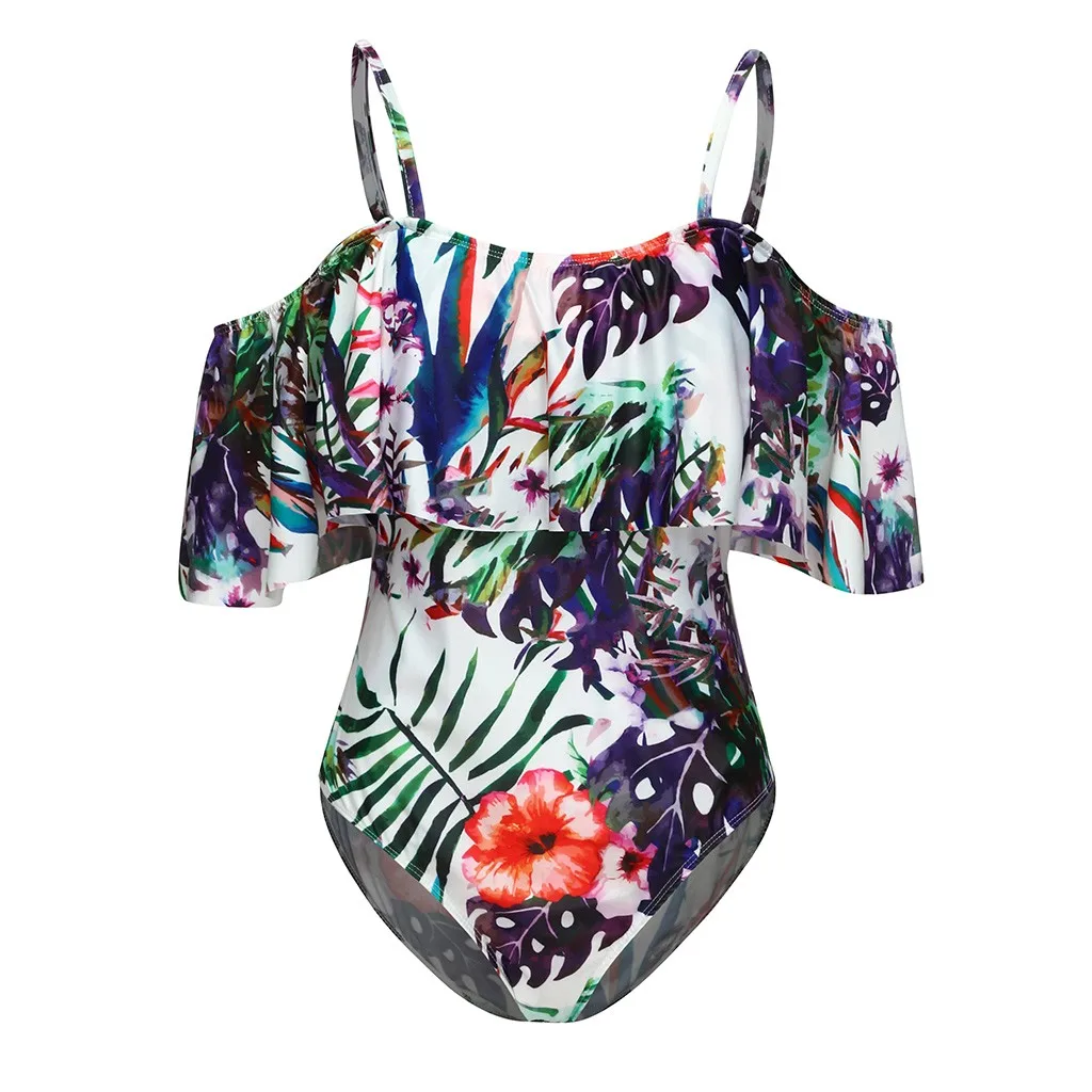 

JAYCOSIN Off Shoulder Swimwear Printed One Piece Swimsuit Ruffle Flounce Plus Size Swimwear Women Tankini Sets Bikini Sexy Women