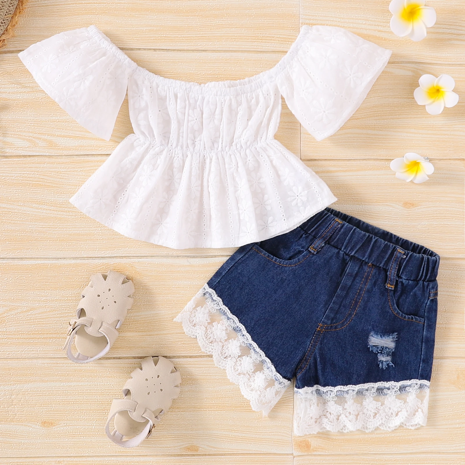 Toddler Baby Girl Summer Clothes Set Solid Color Short Sleeve Off Shoulder Tops + Lace Patchwork Denim Shorts 2pcs baby clothing set red	