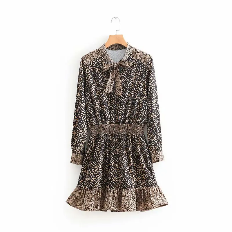 

2018 Autumn And Winter Europe And America New Style Versatile Waist Hugging Bow Pattern Printed Leopord Pattern Dress Women's Fa