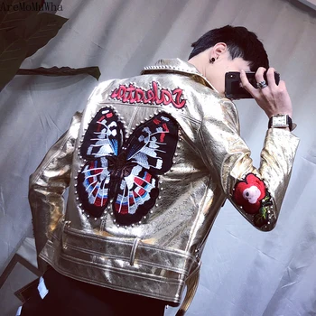 

2020 New Men's PU Leather New Jacket Slim Korean Youth Butterfly Embroidery Motorcycle Rivet Leather Jacket Male Fur Coat Men