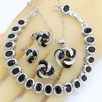

Silver Color Jewelry Sets for Women Black Zircon Earrings Rings Necklace Pendant Zircon Bracelet Gift Box