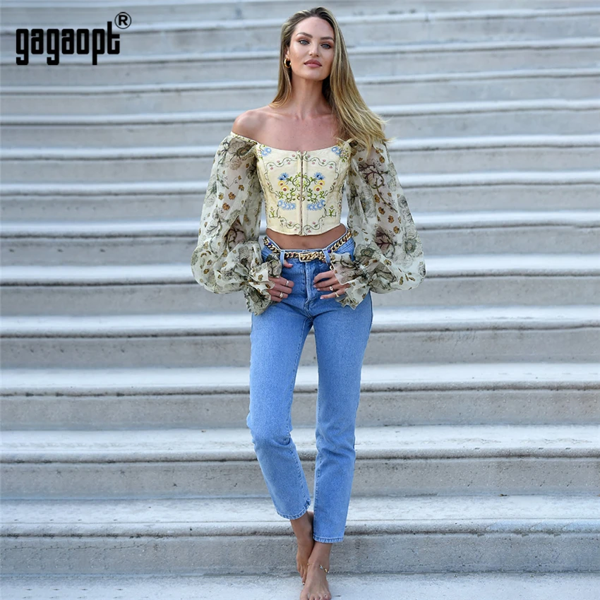 Gagaopt с открытыми плечами укороченные топы женские осенние Рубашки с цветочным узором Женская Сексуальная Блузка для вечеринок