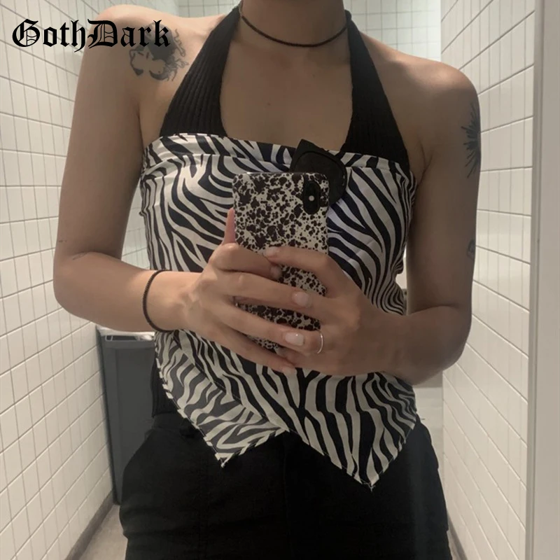 

Goth Dark Gothic Zebra Printed Patchwork Halter Tops E-girl Backless Bandage Back Sleeveless Women Crop Tops Fashion Streetwear