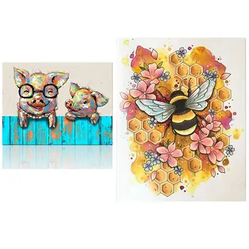 

5D Diy Diamond Painting Full Round Diamond 3D Home Decor - Bee Collecting Honey Pattern & Two Little Pigs Pattern