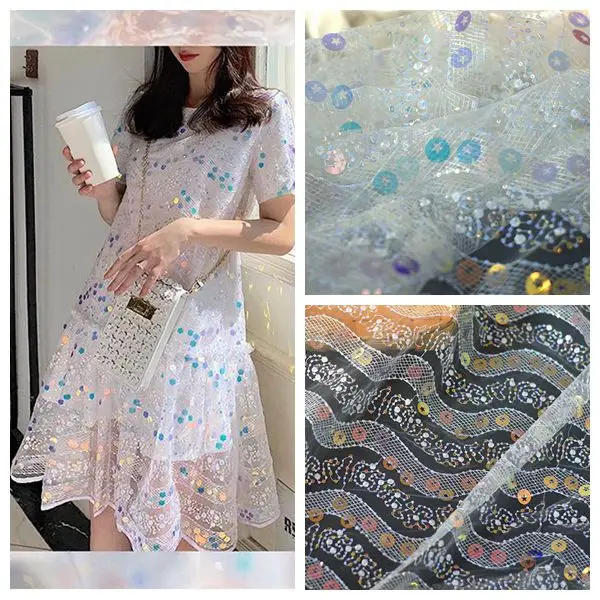 1 м/лот, жесткая Тюлевая кружевная ткань с блестками в белом цвете, Сетчатое свадебное платье, кружевное платье с вышивкой, ткань для рукоделия 150 см в ширину