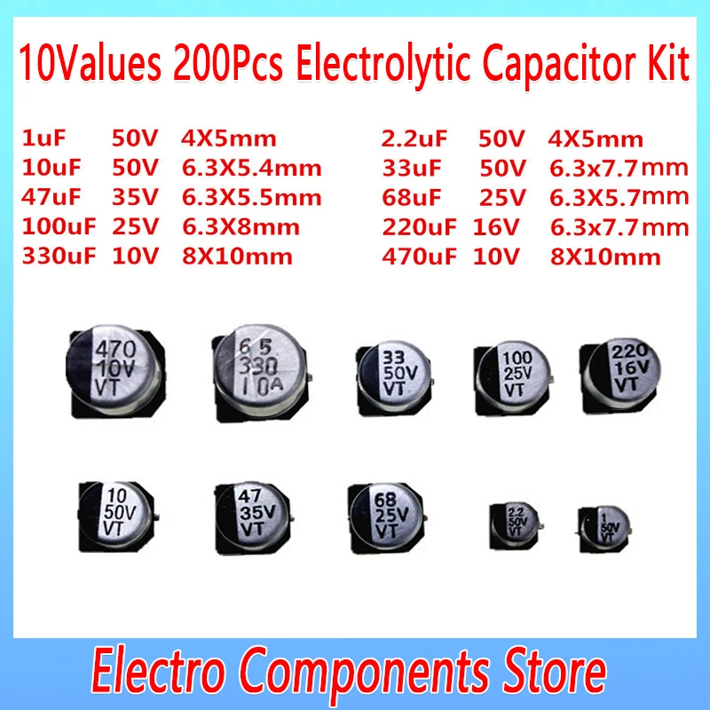 200pcs/lot 10value 1uf470uf 10v50v Smd Aluminum Electrolytic