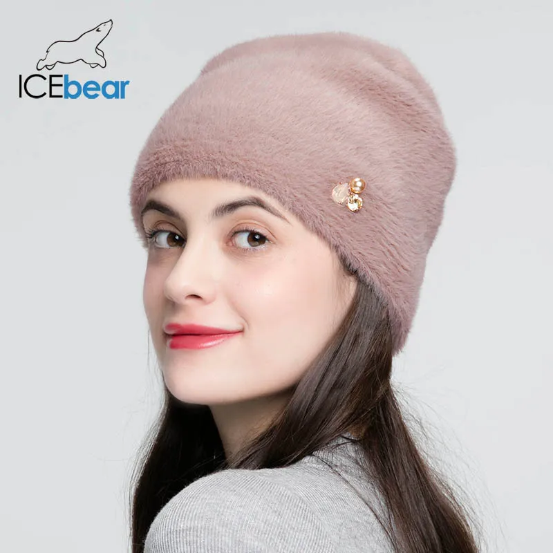 Cheap ICEbear Winter Hats For Women Imitate Wool Thick Bonnet For Female Rhinestone Cap New Skulls Beanies E MX19116