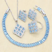 925 серебряные Свадебные украшения наборы для женщин небесно-голубые камни ожерелье кулон серьги браслет Подарочная коробка