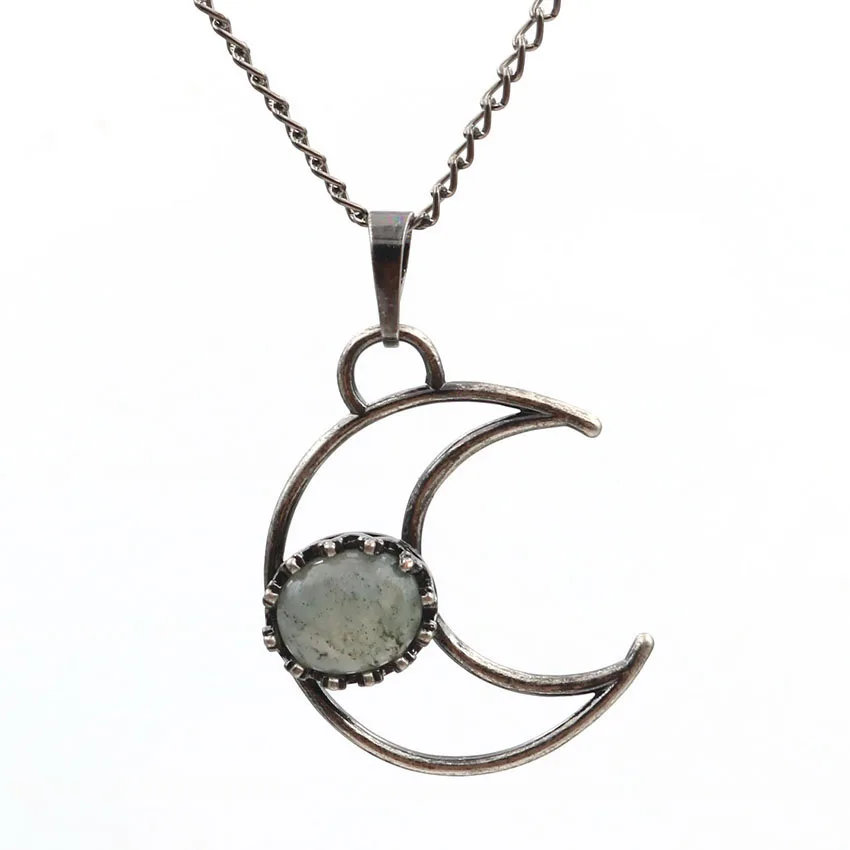 

FYSL Silver Plated Crescent Moon with Rose Pink Quartz Bead Pendant Link Chain Necklace Labradorite Stone Jewelry